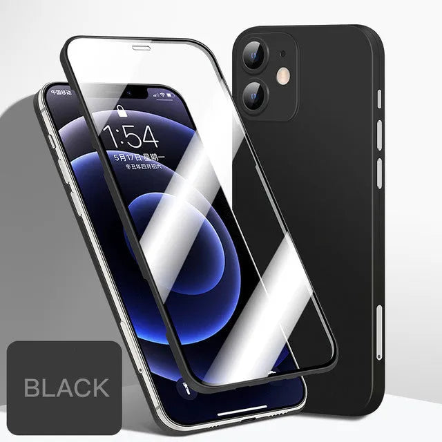 Full cover phone case for iPhone 12 series with front tempered glass and TPU back cover in black
