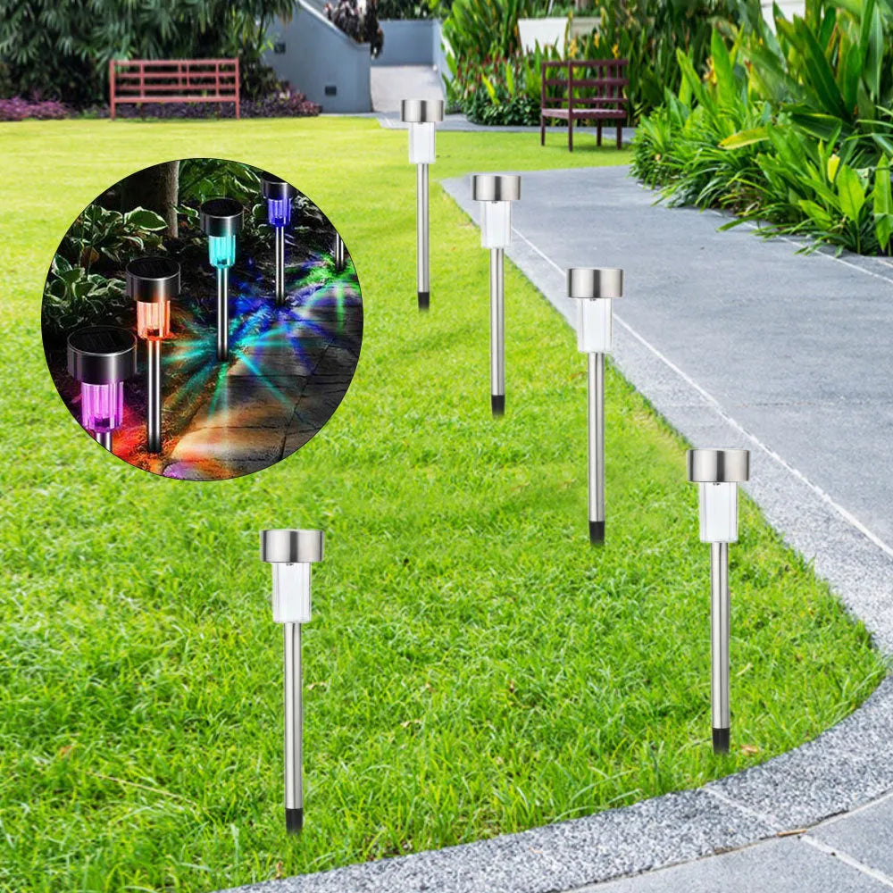 Stainless steel garden landscape LED light with pastoral design showing dimensions and waterproof construction