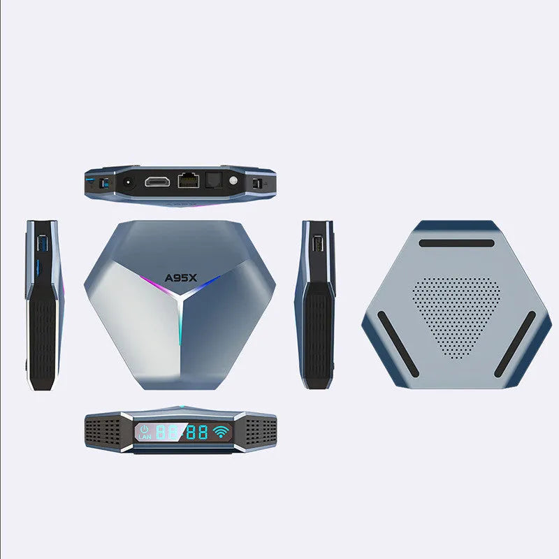 Android 8K TV set-top box with remote, HD cable, and multi-region power adapter.