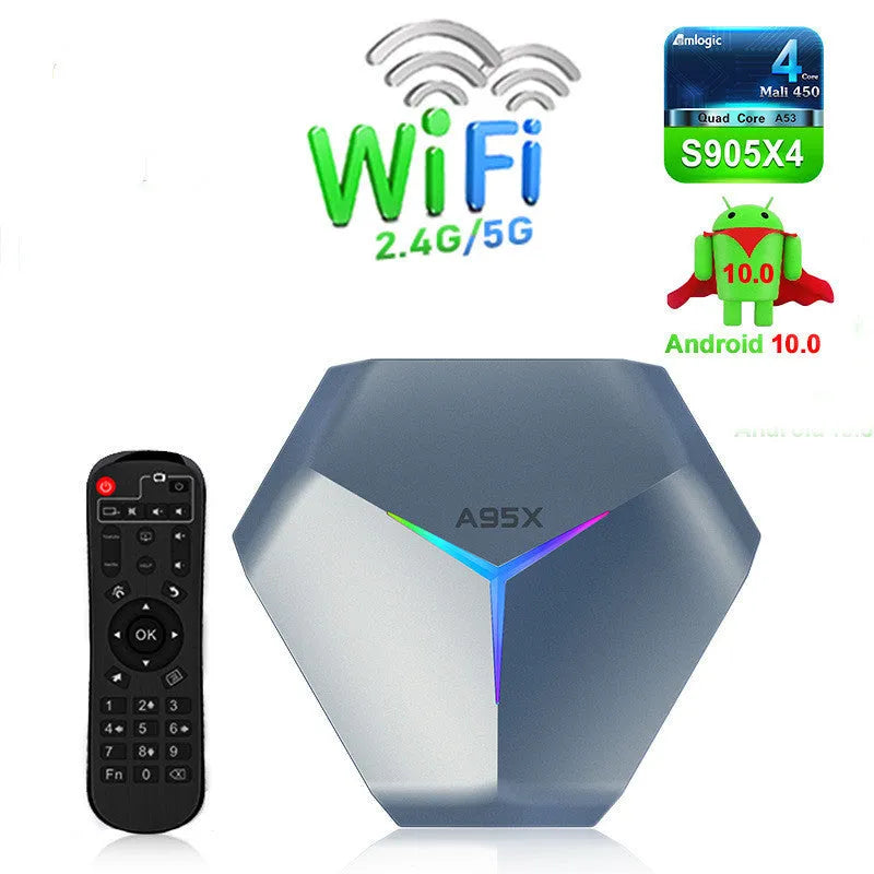 Android 8K TV set-top box with remote, HD cable, and multi-region power adapter.