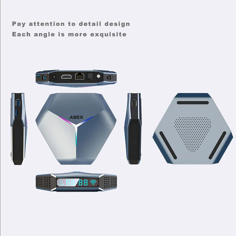 Android 8K TV set-top box with remote, HD cable, and multi-region power adapter.