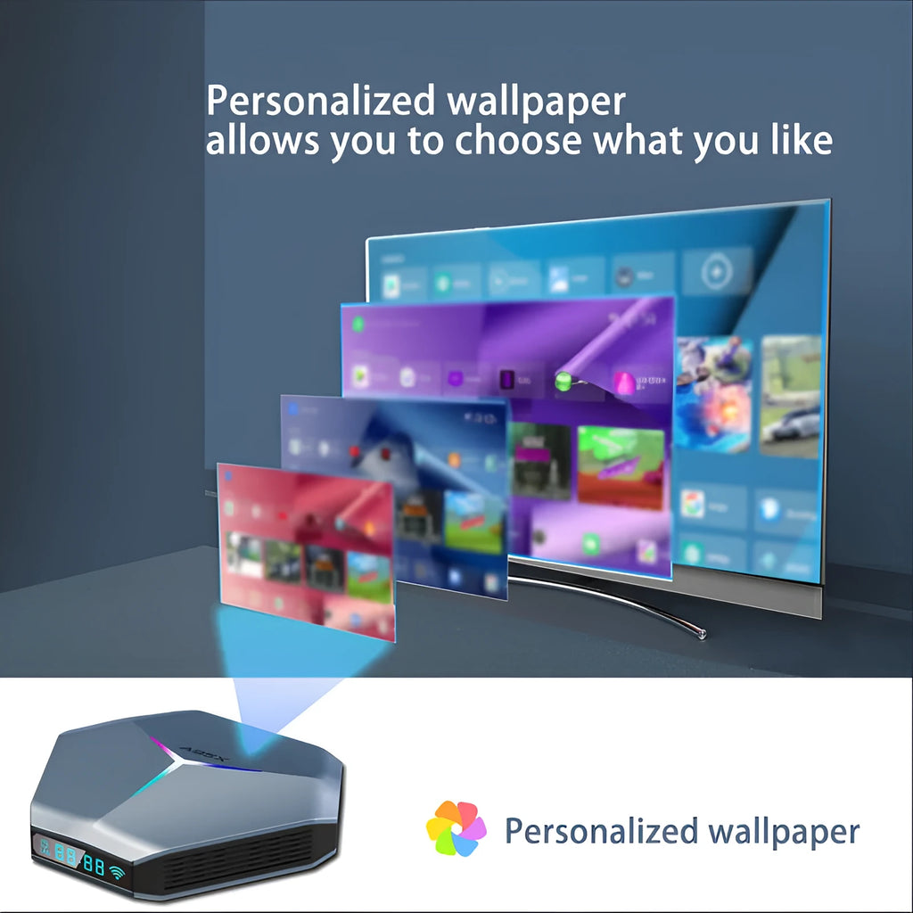 Android 8K TV set-top box with remote, HD cable, and multi-region power adapter.