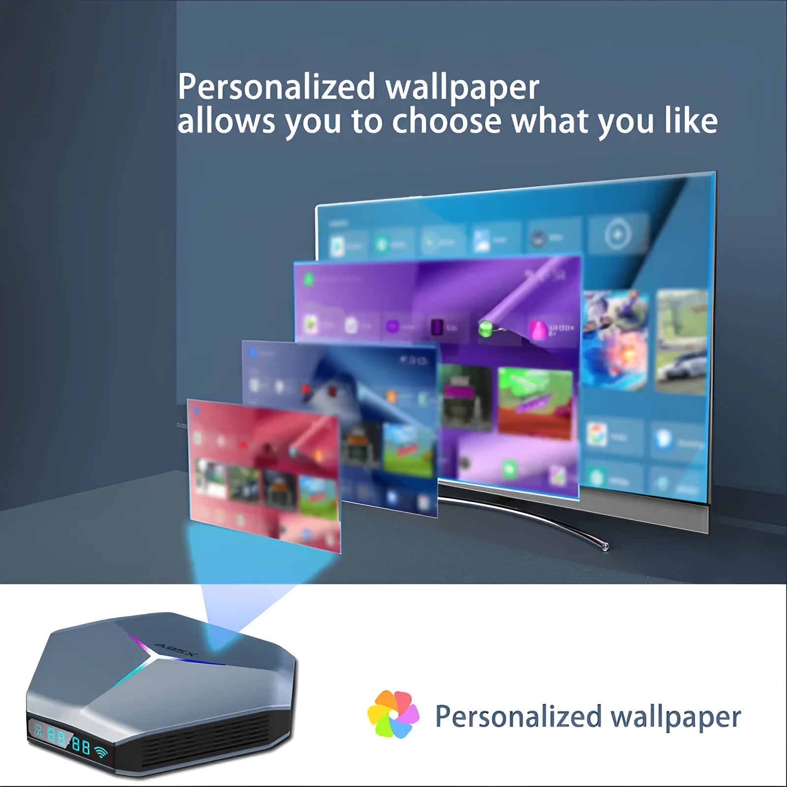 Android 8K TV set-top box with remote, HD cable, and multi-region power adapter.