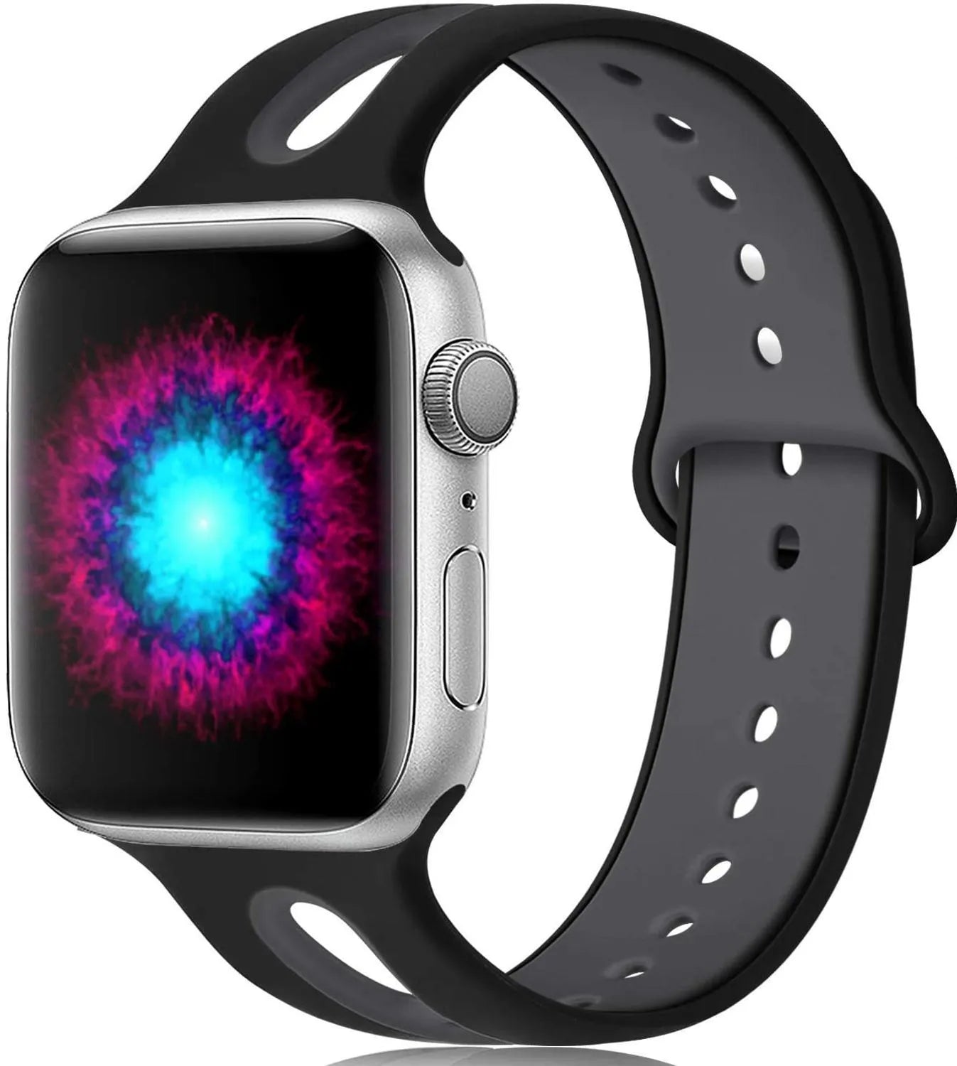 Apple Watch compatible silicone sport strap with 6-hole ventilation in multiple colour options on a grey background.