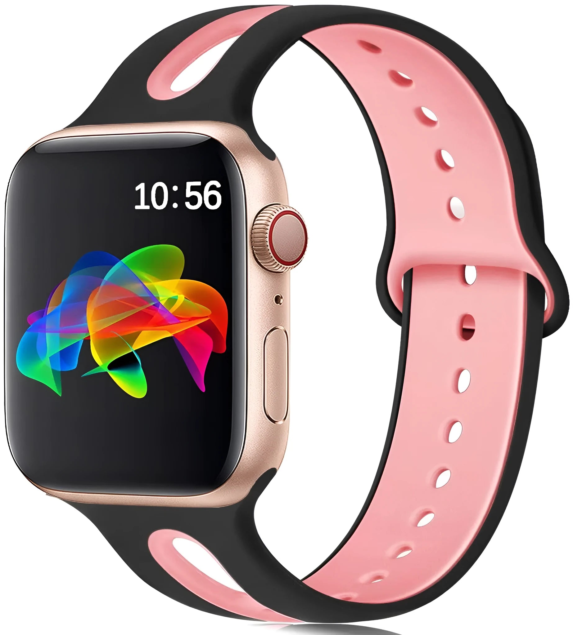 Apple Watch compatible silicone sport strap with 6-hole ventilation in multiple colour options on a grey background.