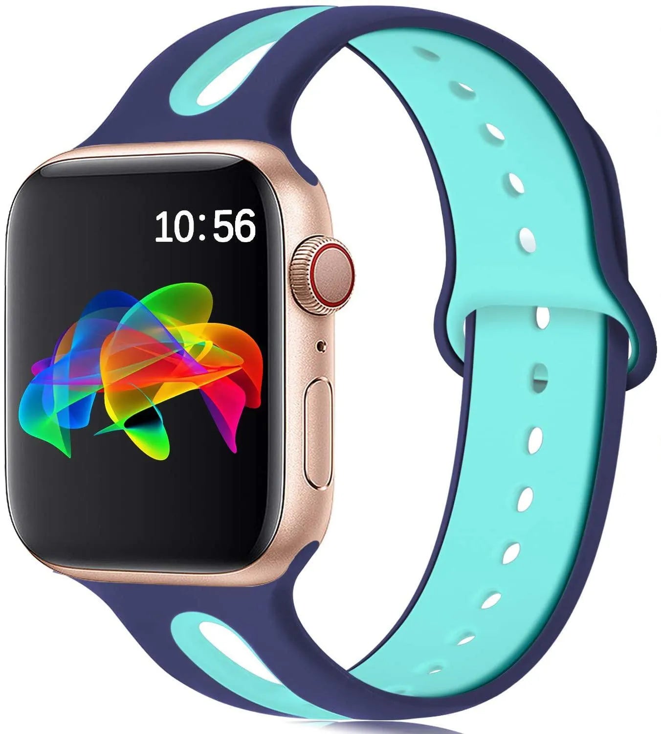 Apple Watch compatible silicone sport strap with 6-hole ventilation in multiple colour options on a grey background.