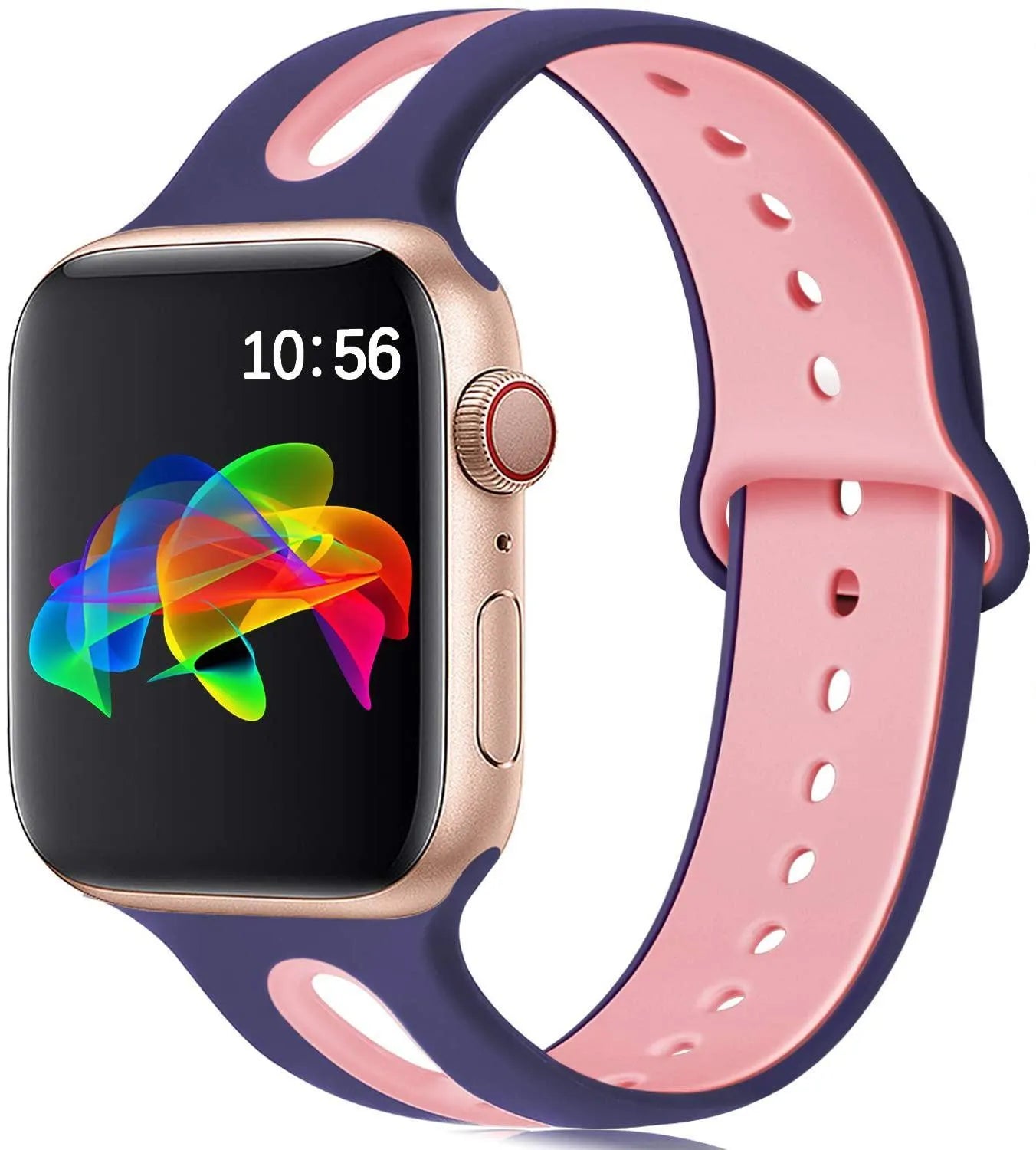 Apple Watch compatible silicone sport strap with 6-hole ventilation in multiple colour options on a grey background.