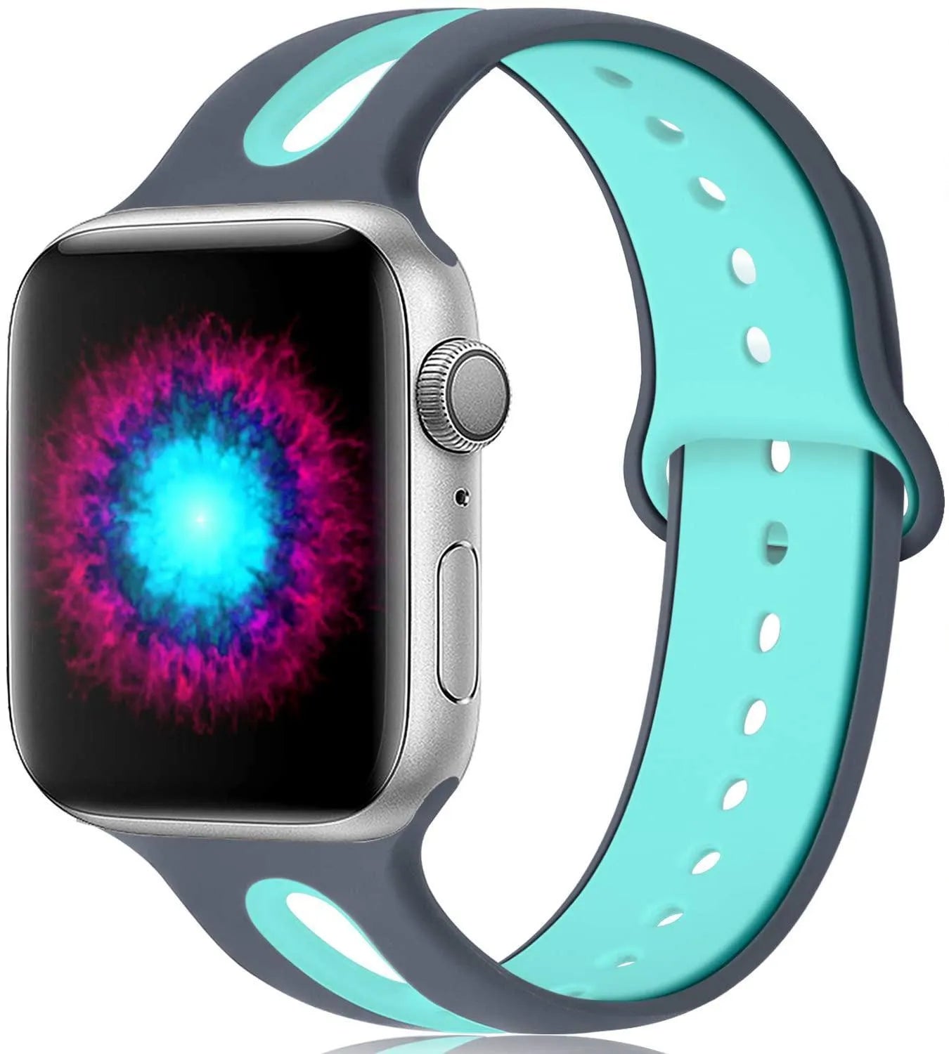 Apple Watch compatible silicone sport strap with 6-hole ventilation in multiple colour options on a grey background.
