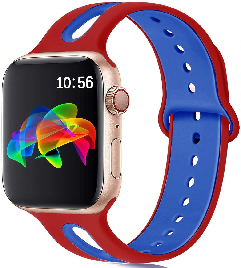 Apple Watch compatible silicone sport strap with 6-hole ventilation in multiple colour options on a grey background.