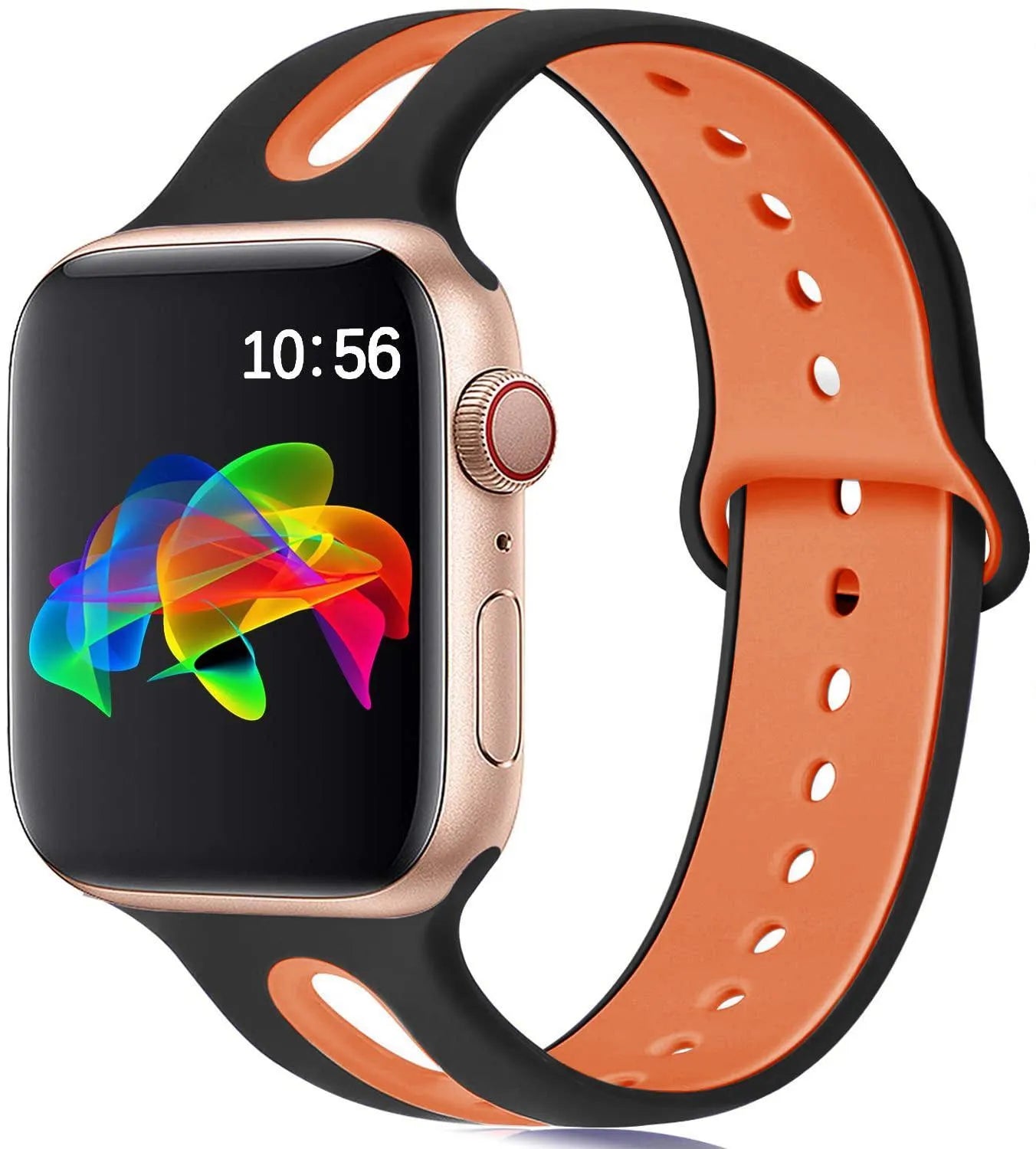 Apple Watch compatible silicone sport strap with 6-hole ventilation in multiple colour options on a grey background.