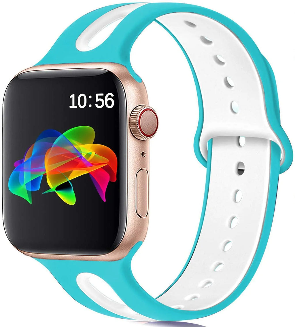 Apple Watch compatible silicone sport strap with 6-hole ventilation in multiple colour options on a grey background.