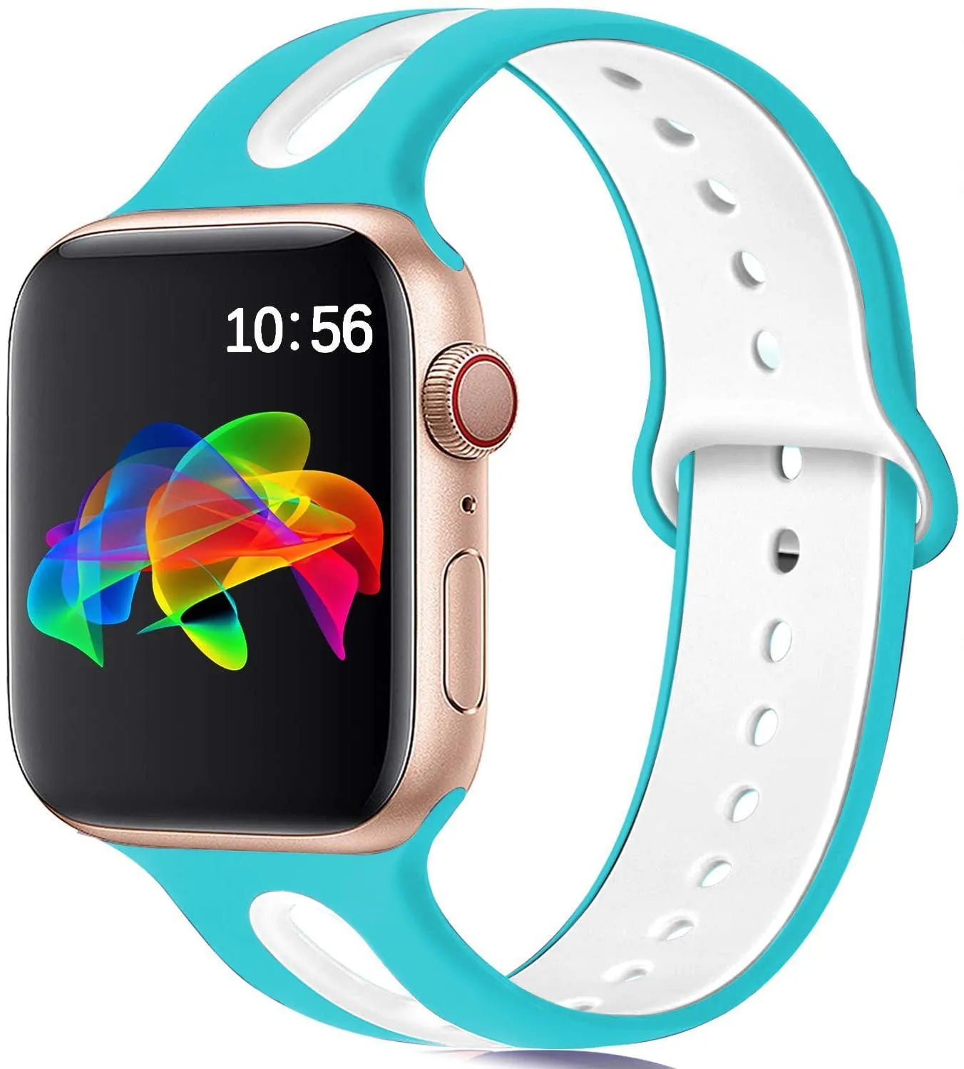 Apple Watch compatible silicone sport strap with 6-hole ventilation in multiple colour options on a grey background.