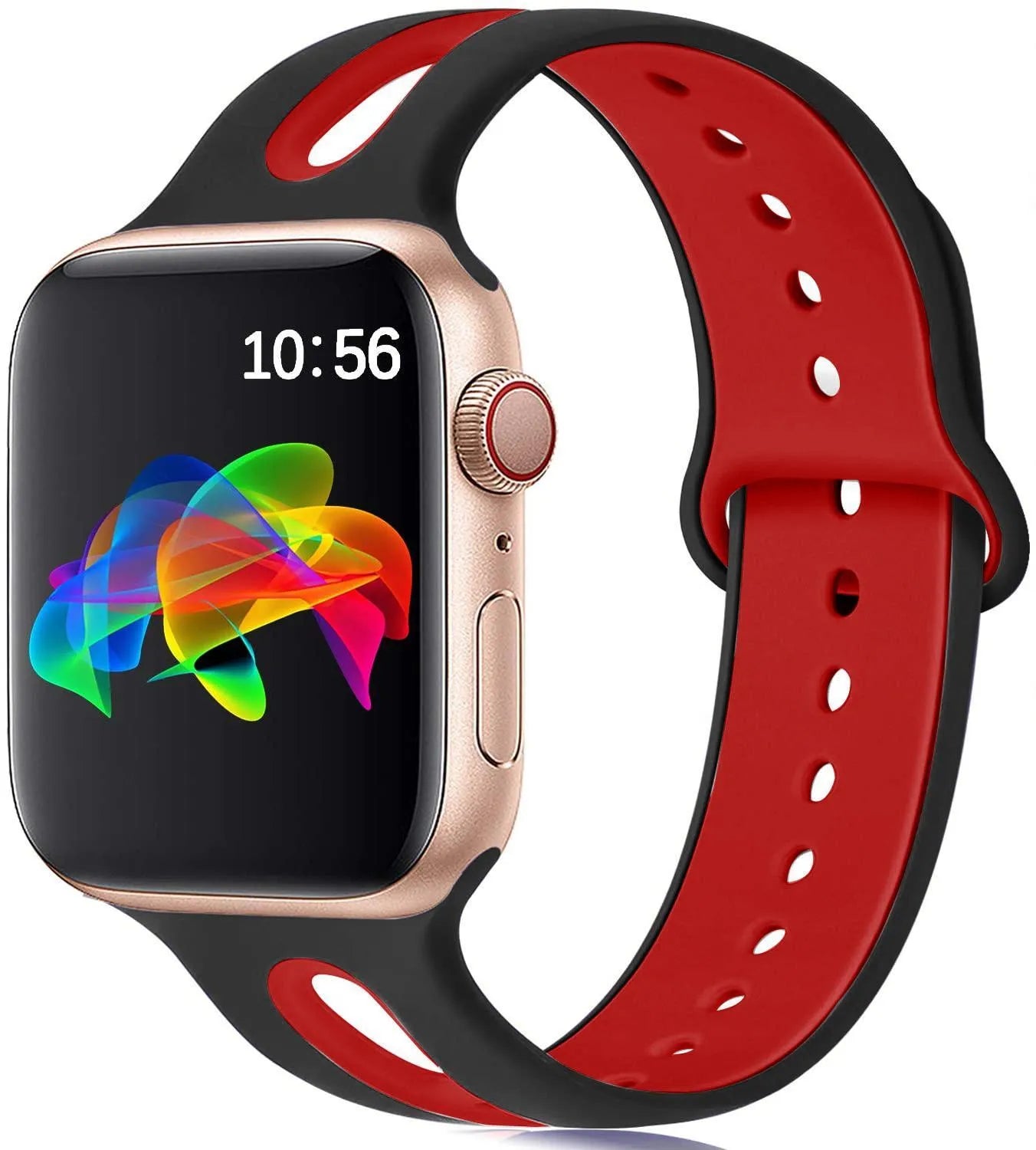 Apple Watch compatible silicone sport strap with 6-hole ventilation in multiple colour options on a grey background.