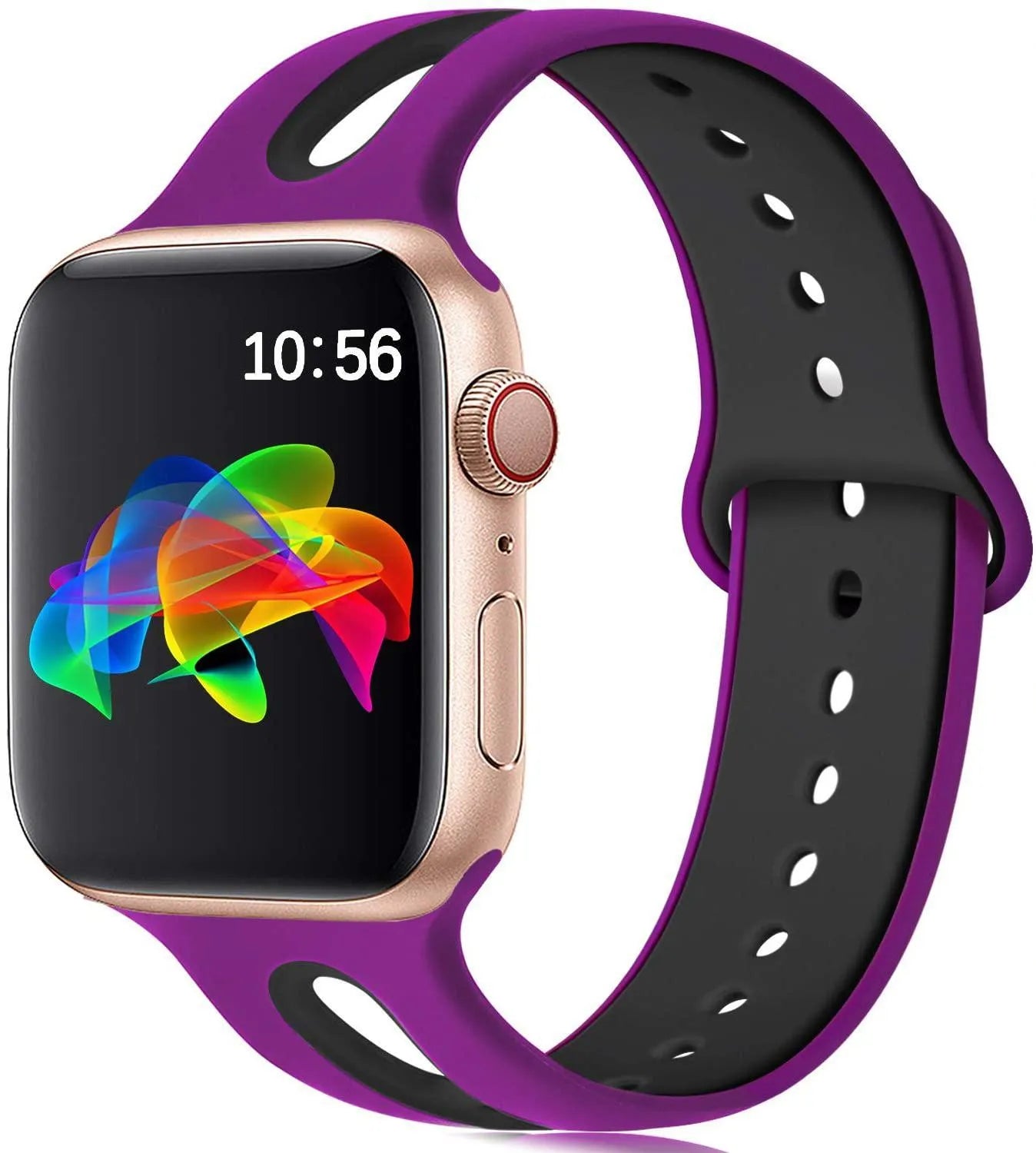 Apple Watch compatible silicone sport strap with 6-hole ventilation in multiple colour options on a grey background.
