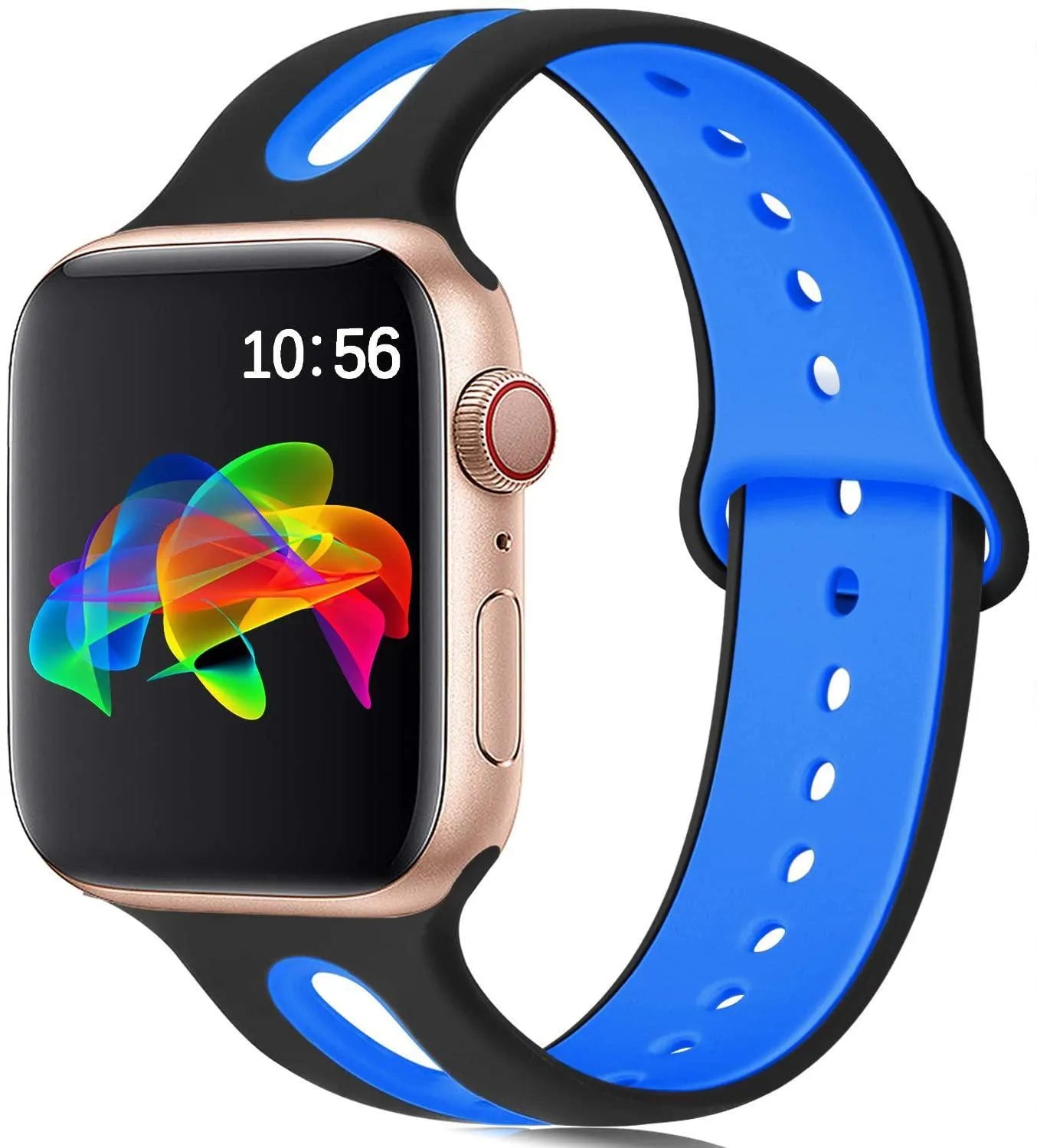 Apple Watch compatible silicone sport strap with 6-hole ventilation in multiple colour options on a grey background.