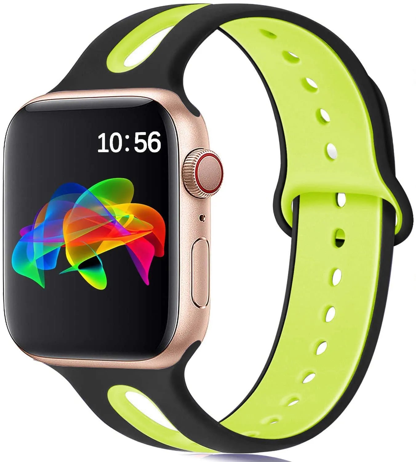 Apple Watch compatible silicone sport strap with 6-hole ventilation in multiple colour options on a grey background.