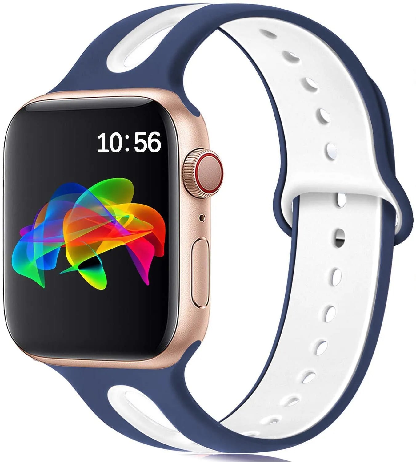 Apple Watch compatible silicone sport strap with 6-hole ventilation in multiple colour options on a grey background.