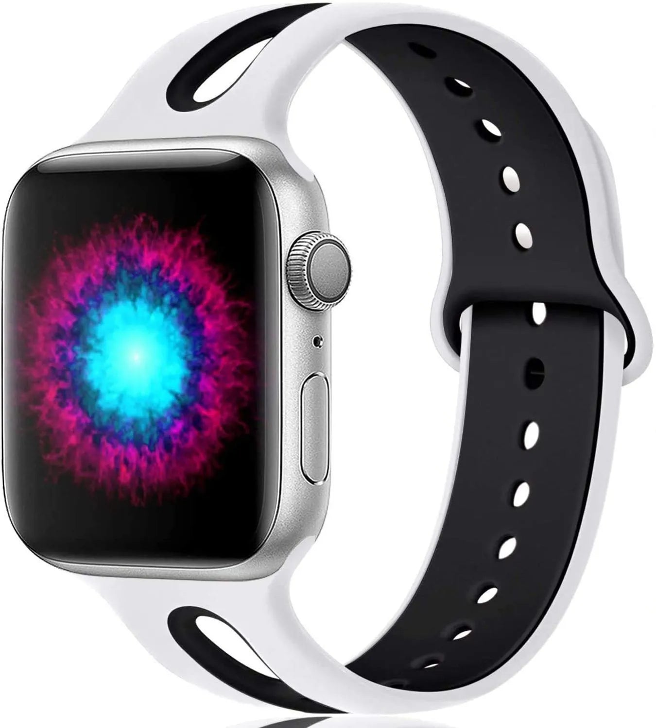 Apple Watch compatible silicone sport strap with 6-hole ventilation in multiple colour options on a grey background.