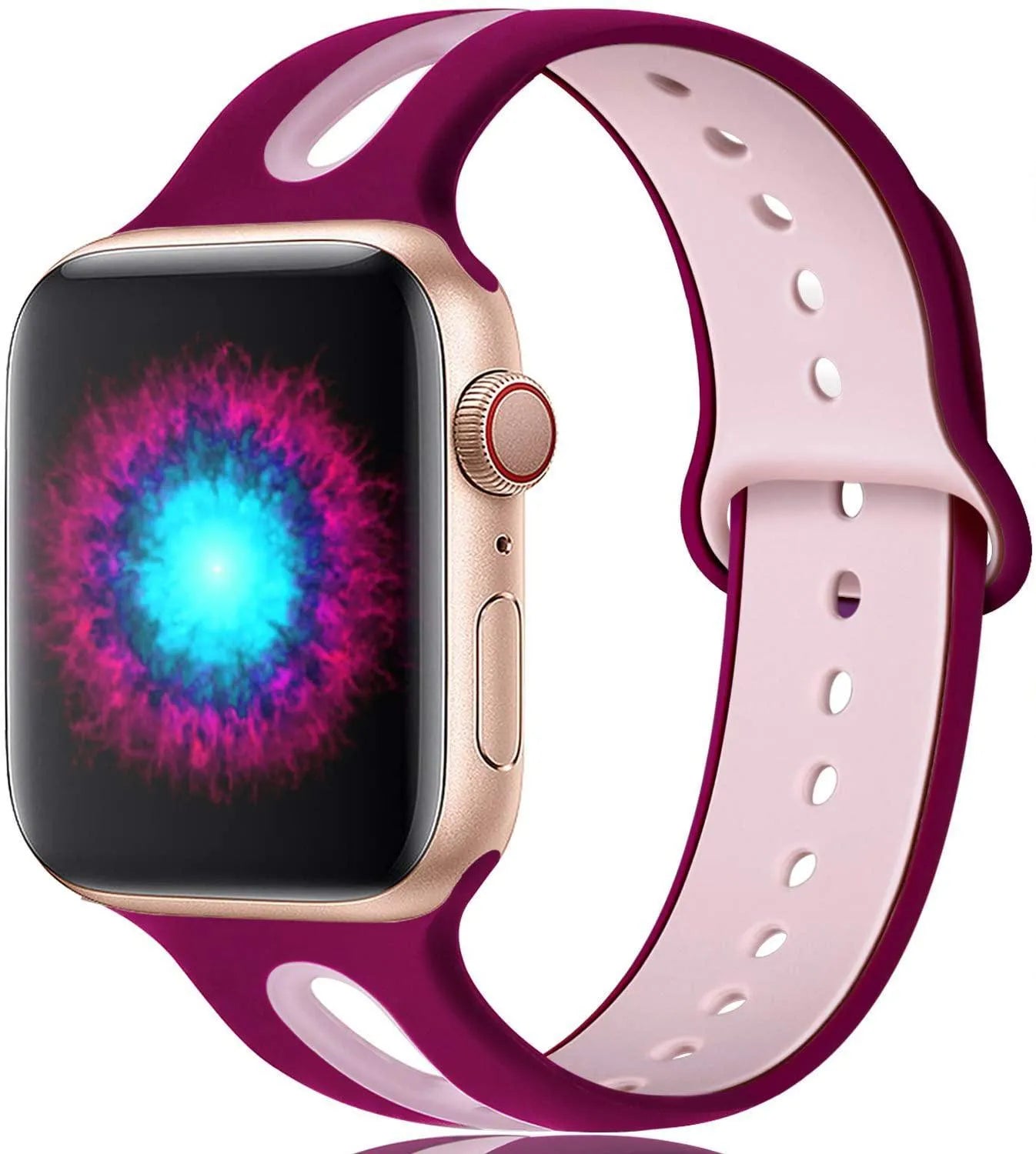 Apple Watch compatible silicone sport strap with 6-hole ventilation in multiple colour options on a grey background.