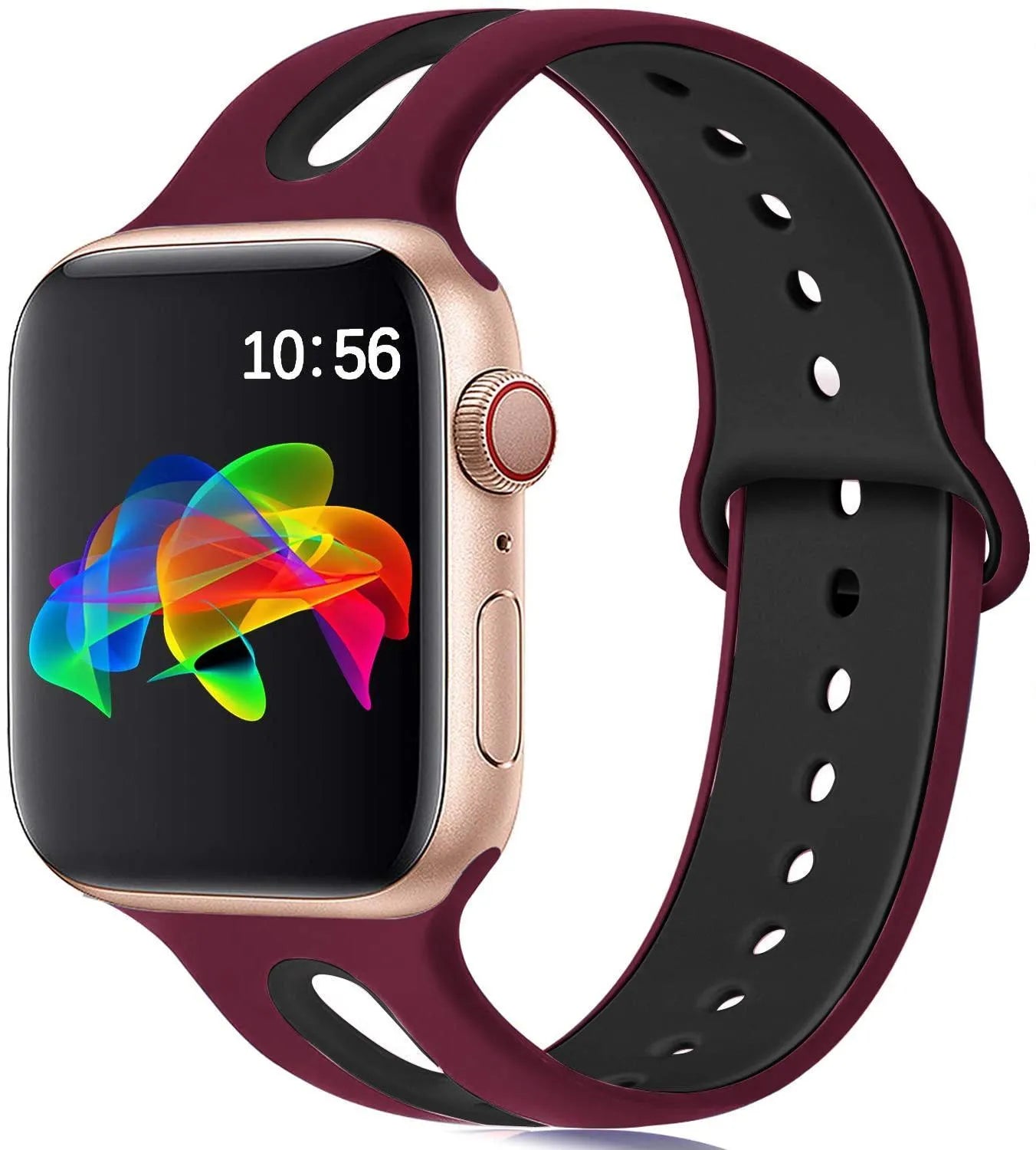 Apple Watch compatible silicone sport strap with 6-hole ventilation in multiple colour options on a grey background.