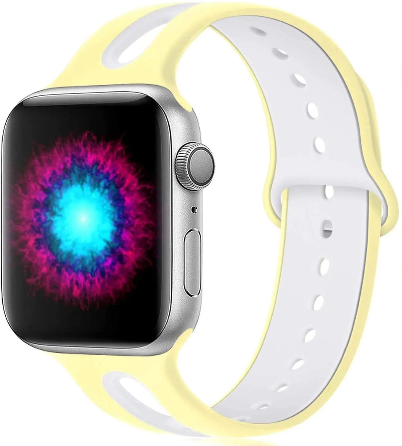 Apple Watch compatible silicone sport strap with 6-hole ventilation in multiple colour options on a grey background.