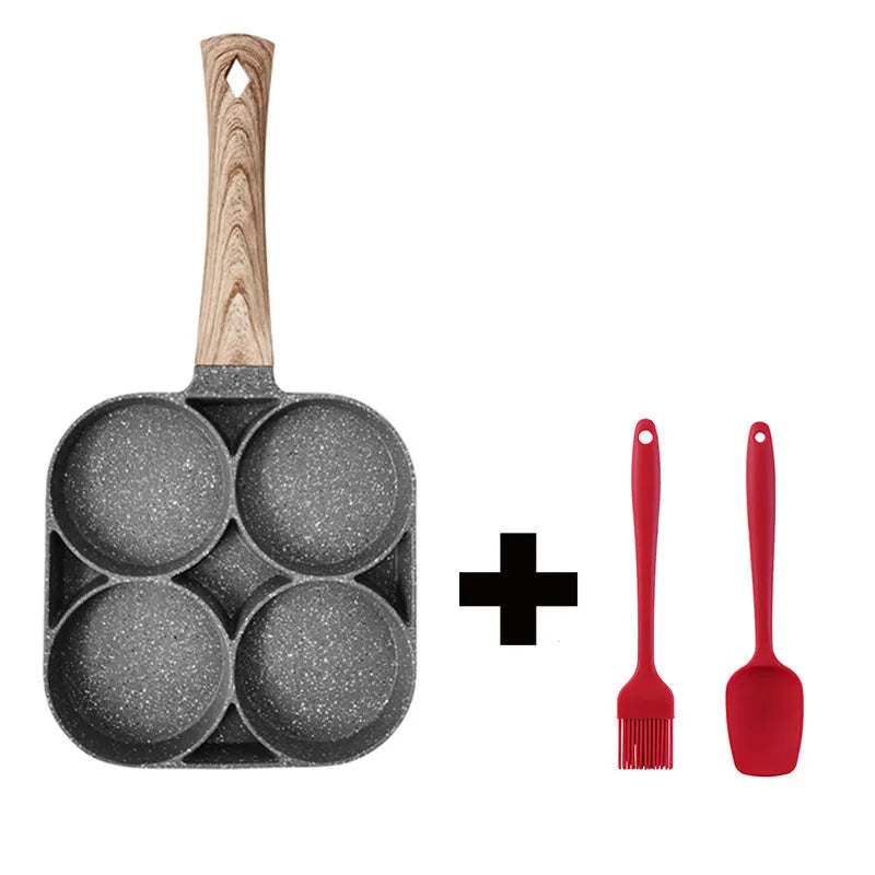 Non-stick four-hole frying pan with medical stone coating on a gas hob cooking eggs and pancakes