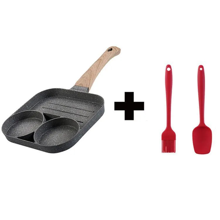 Non-stick four-hole frying pan with medical stone coating on a gas hob cooking eggs and pancakes
