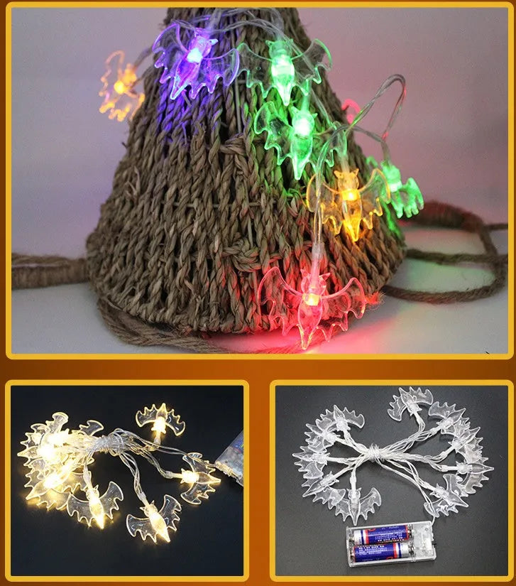 Halloween LED string lights with pumpkin, bat and ghost decorations showing colour changing illumination