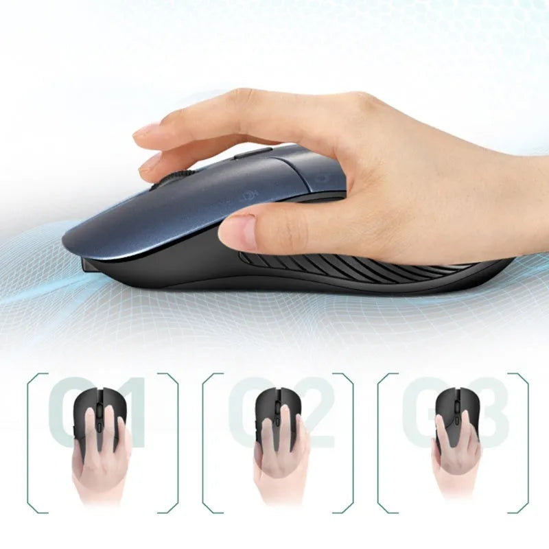 Blue Smart Voice Mouse with 2.4G USB receiver on a desk.