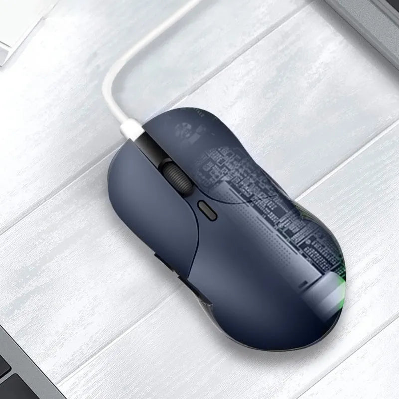 Blue Smart Voice Mouse with 2.4G USB receiver on a desk.