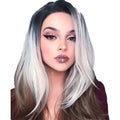 Women's Linen Grey three-colour gradient wig set with oblique bangs on a display stand