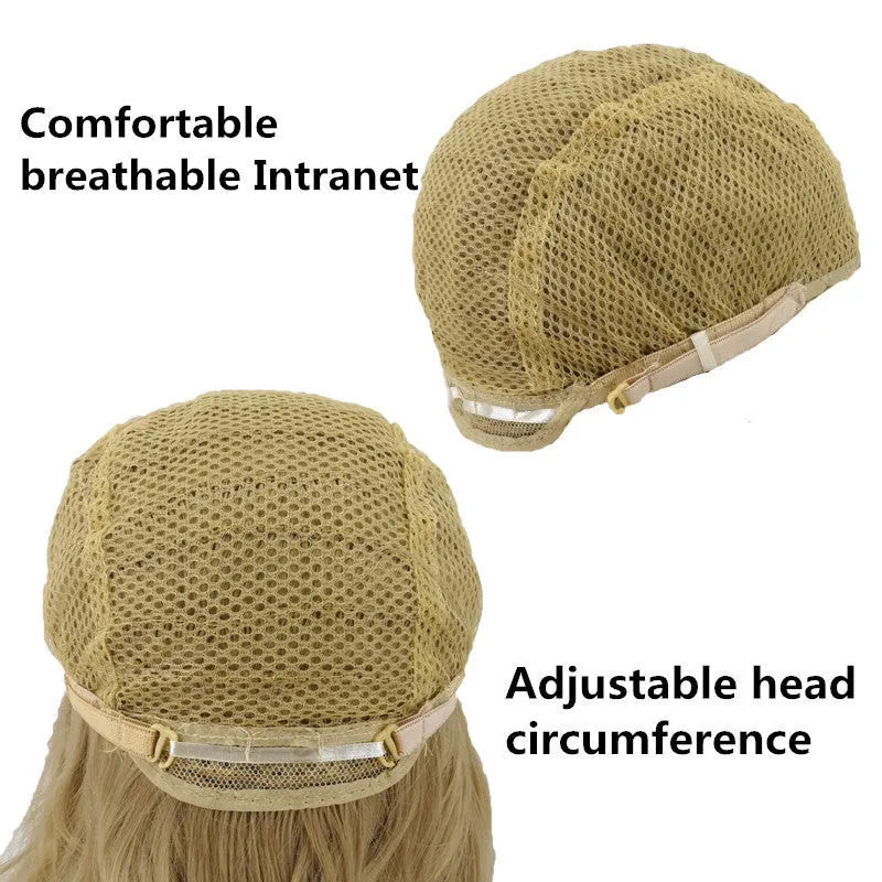 Women's Linen Grey three-colour gradient wig set with oblique bangs on a display stand
