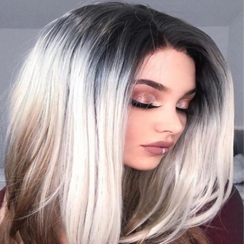 Women's Linen Grey three-colour gradient wig set with oblique bangs on a display stand