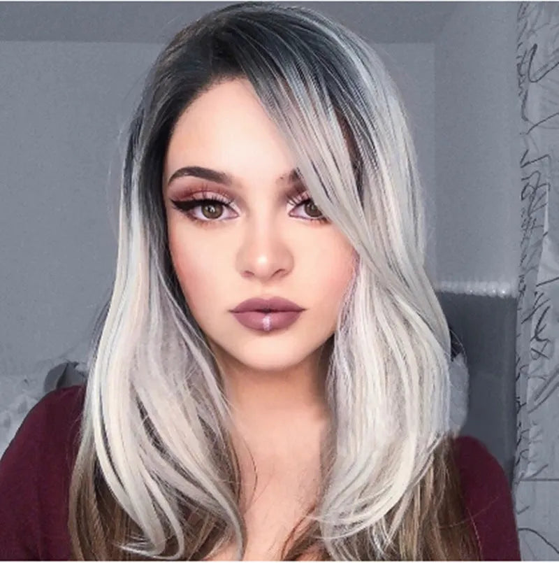 Women's Linen Grey three-colour gradient wig set with oblique bangs on a display stand