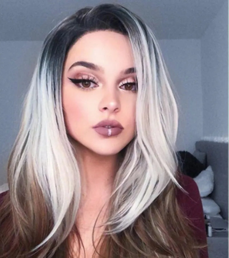 Women's Linen Grey three-colour gradient wig set with oblique bangs on a display stand
