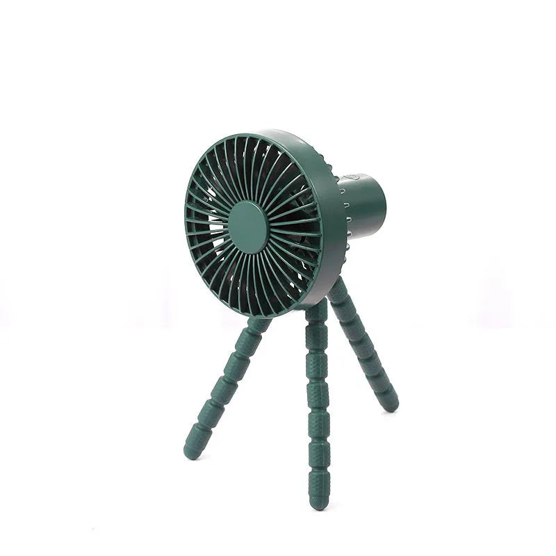 Small white desk fan with bending head on a black octopus tripod base