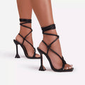 Women's square toe strappy high heel sandals with stiletto heel and cross straps in black