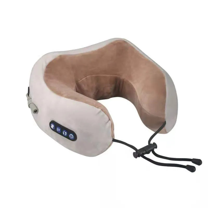 Brown U-shaped electric neck massage pillow with control buttons