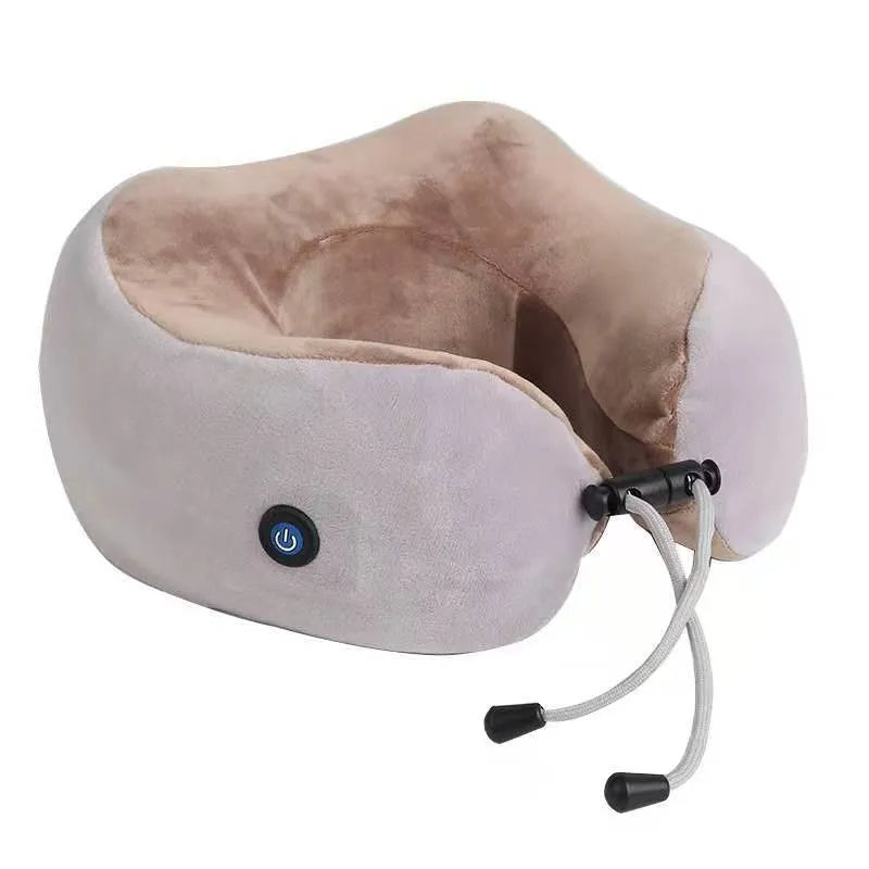 Brown U-shaped electric neck massage pillow with control buttons