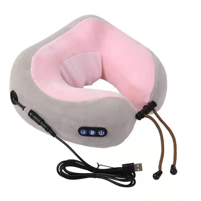 Brown U-shaped electric neck massage pillow with control buttons