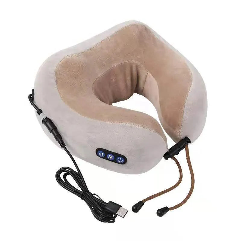 Brown U-shaped electric neck massage pillow with control buttons