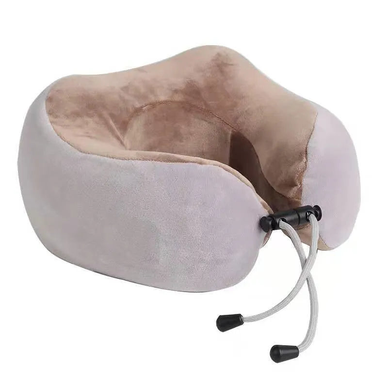 Brown U-shaped electric neck massage pillow with control buttons