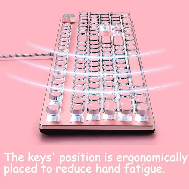 Silver and pink mechanical keyboard with white backlight and green switches next to matching wired mouse