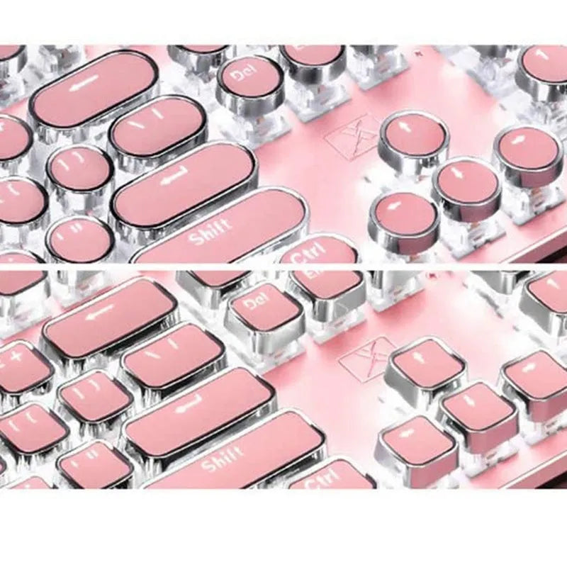 Silver and pink mechanical keyboard with white backlight and green switches next to matching wired mouse