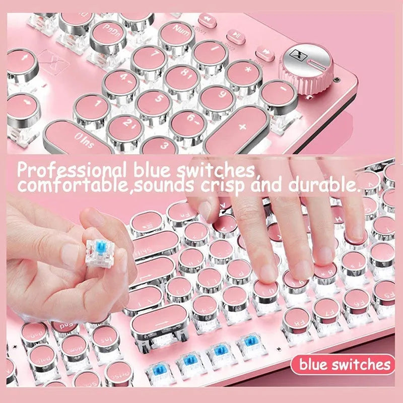 Silver and pink mechanical keyboard with white backlight and green switches next to matching wired mouse