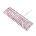 Silver and pink mechanical keyboard with white backlight and green switches next to matching wired mouse