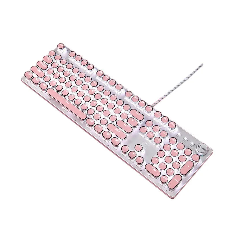 Silver and pink mechanical keyboard with white backlight and green switches next to matching wired mouse