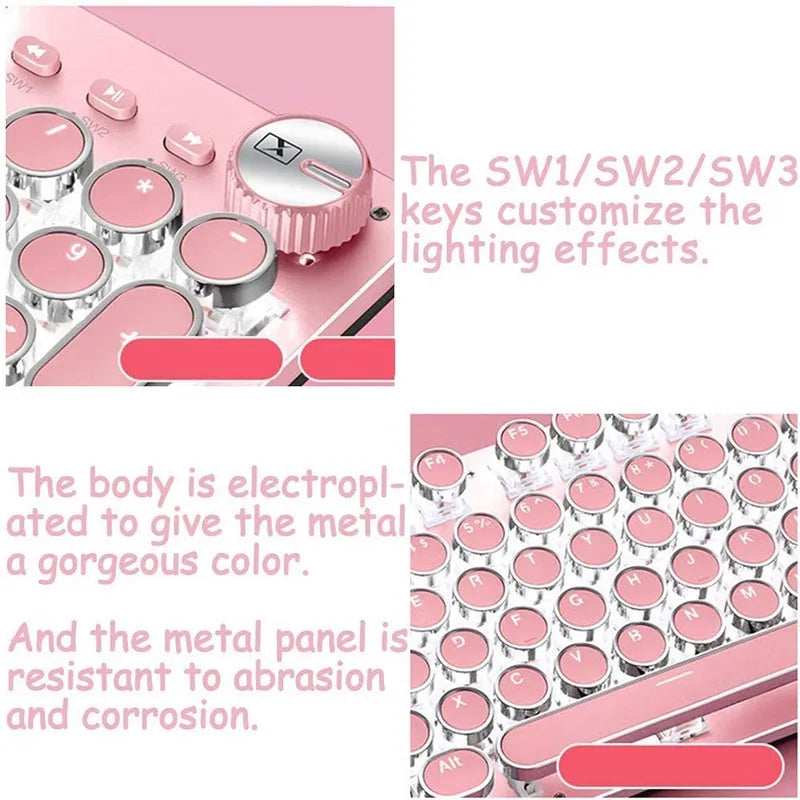 Silver and pink mechanical keyboard with white backlight and green switches next to matching wired mouse