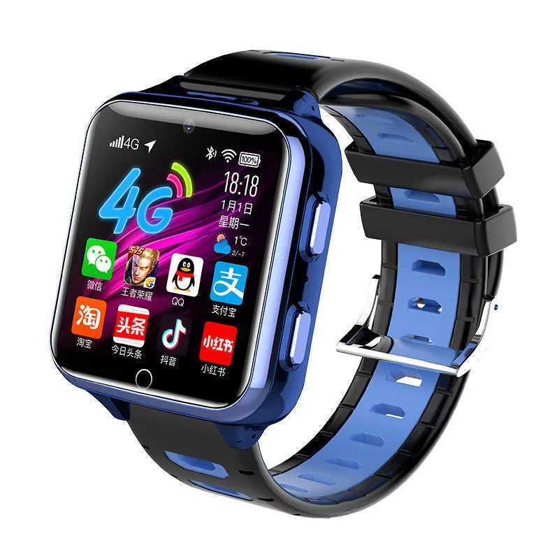 Children's smart watch with colourful silicone strap on a wrist, showing a 1.54-inch screen.