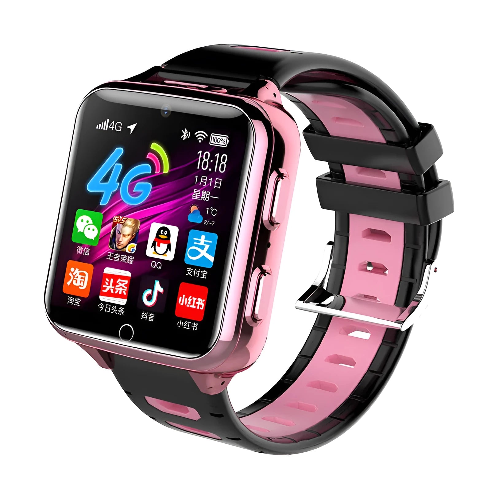 Children's smart watch with colourful silicone strap on a wrist, showing a 1.54-inch screen.